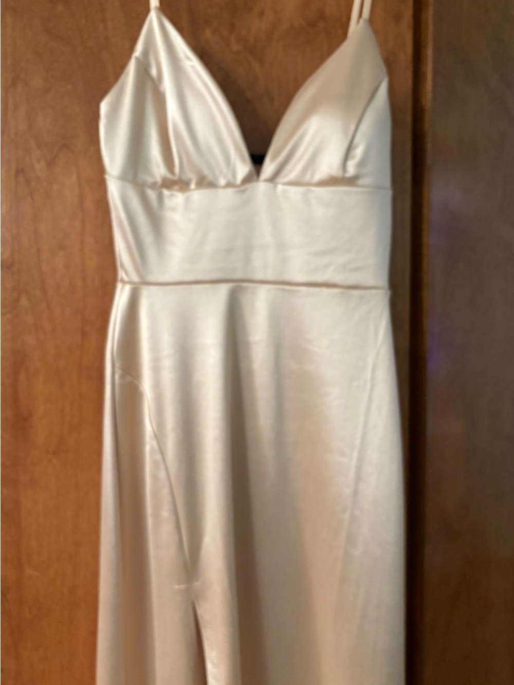 NWT Windsor Champagne gold satin formal maxi dress v-neck high slit